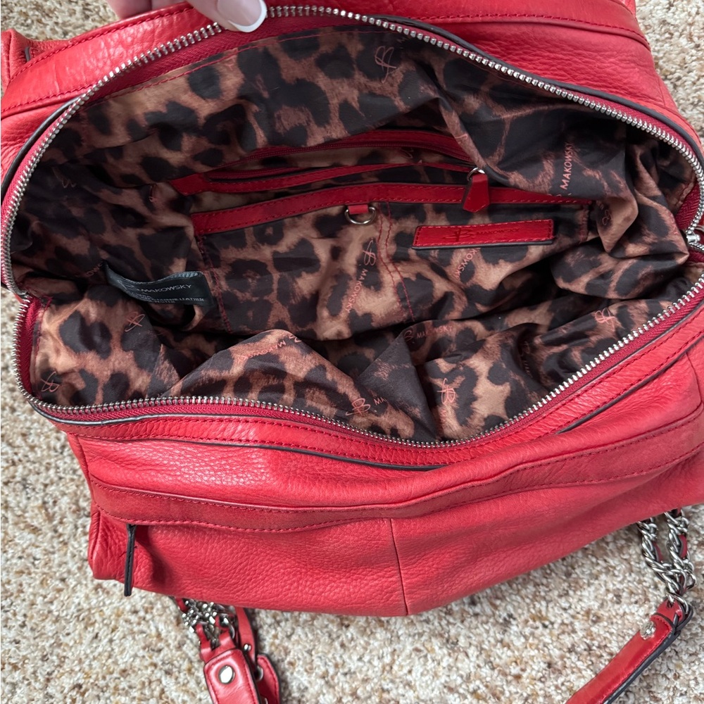 B Makowsky Red Pebbled Leather Hobo Shoulder Bag Silver Hardware Purse - Picture 8 of 11